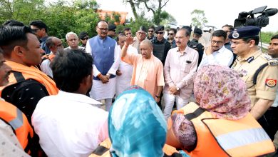 CM Yogi Adityanath conducts aerial survey of flood-affected areas in Bakshi Ka Talab Lucknow and distributes relief material to flood victims
