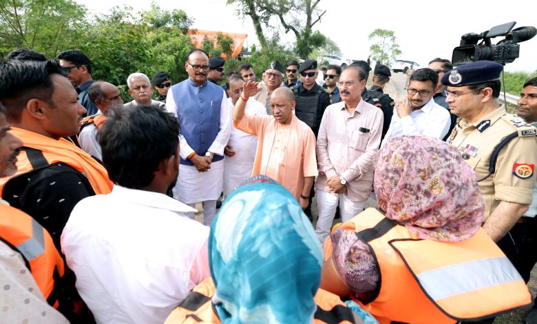 CM Yogi Adityanath conducts aerial survey of flood-affected areas in Bakshi Ka Talab Lucknow and distributes relief material to flood victims