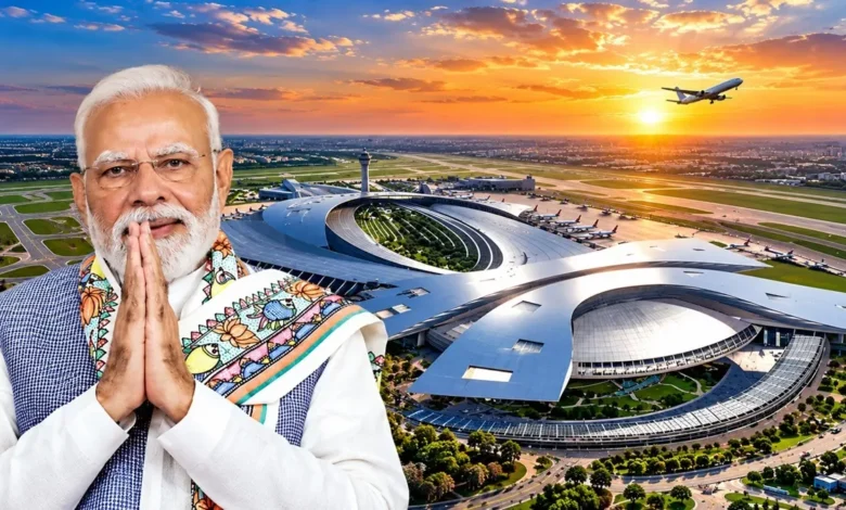मुख्यमंत्री योगी आदित्यनाथ लखनऊ में पत्रकार वार्ता के दौरान जेवर स्थित नोएडा इंटरनेशनल एयरपोर्ट का नाम नरेंद्र मोदी के नाम पर रखने के कैबिनेट प्रस्ताव की जानकारी देते हुए।